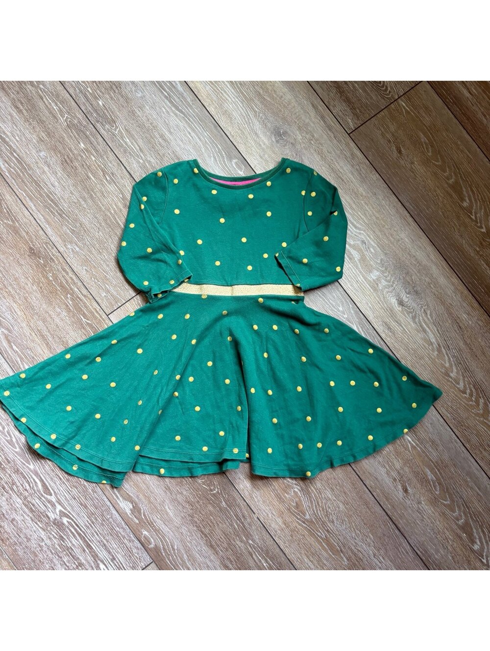 Mini Boden Green Dress with Gold Band and Dots